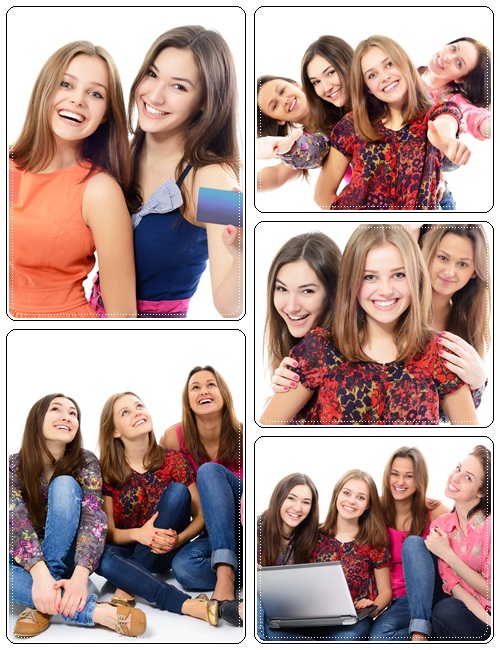 Group of happy teen girls with thumbs up - Stock Photo