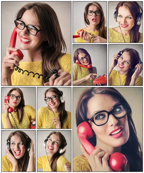 Happy woman with headphone and phone - Stock Photo