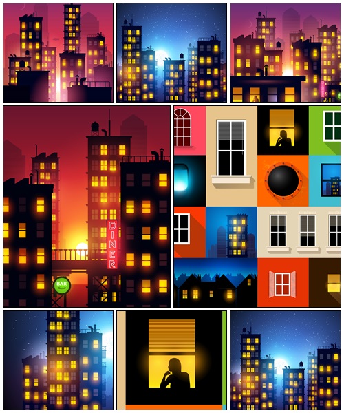 Sunset and midnight Over The City - vector stock