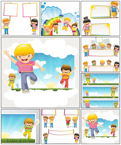 Happy kids with banners - vector stock
