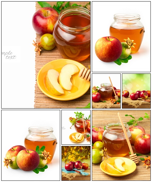 Honey, apple and pomegranate on white - Stock Photo