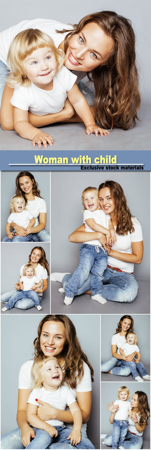 Woman with child in jeans and a white T-shirt